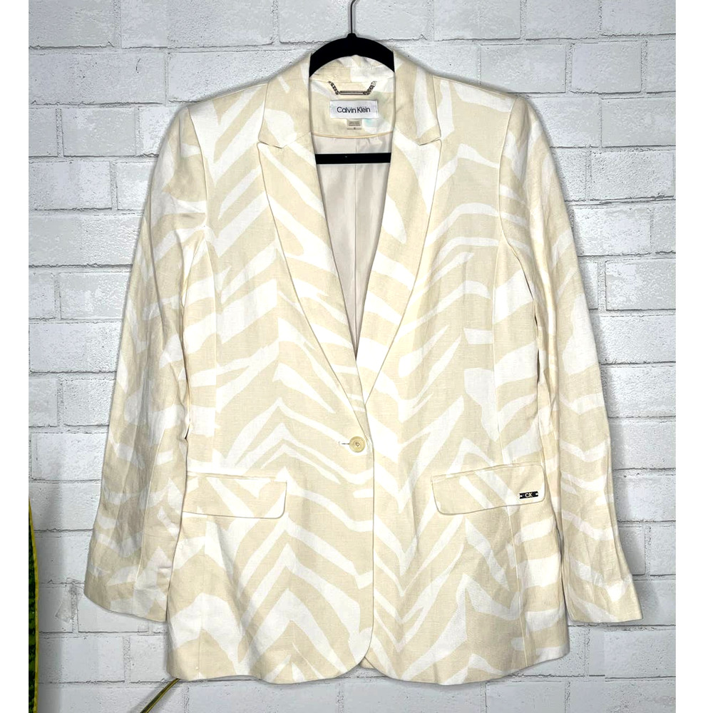 Calvin Klein Womans 10 LINEN Zebra Print Blazer Oversized Jacket Tan Cream White - Picture 2 of 6
